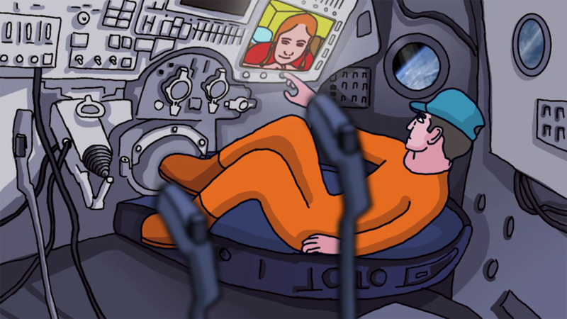still of space man dad contacting his daughter taken from the short animation a Story From Space 